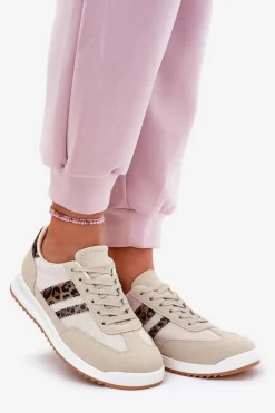 Sneakersy Damskie Z Eko Zamszu Panterka Beżowe Marinils