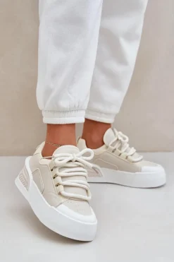 Sneakersy Damskie Z Grubymi Sznurówkami Na Platformie Beżowe Laloma