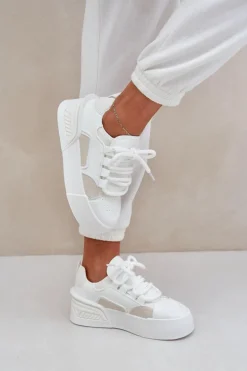 Sneakersy Damskie Z Grubymi Sznurówkami Na Platformie Białe Laloma