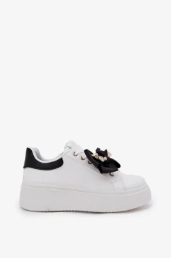Sneakersy Damskie Z Kokardką I Broszką Z Misiem Biało-Czarne Leathria