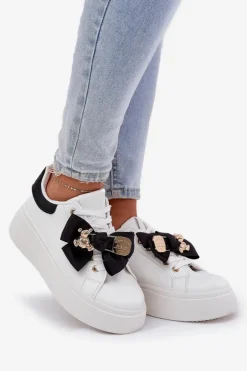 Sneakersy Damskie Z Kokardką I Broszką Z Misiem Biało-Czarne Leathria