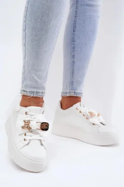 Sneakersy Damskie Z Kokardką I Broszką Z Misiem Białe Leathria