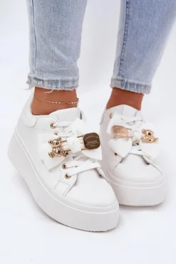 Sneakersy Damskie Z Kokardką I Broszką Z Misiem Białe Leathria