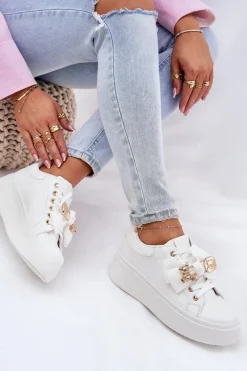 Sneakersy Damskie Z Kokardką I Broszką Z Misiem Białe Leathria