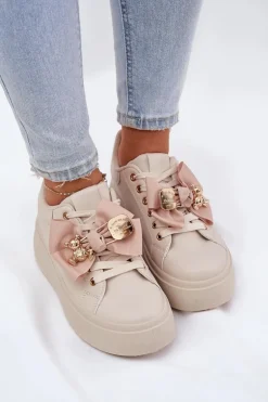 Sneakersy Damskie Z Kokardką I Broszką Z Misiem Beżowe Leathria