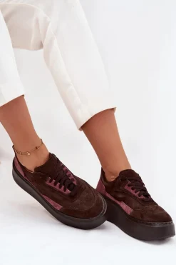 Sneakersy Damskie Z Naturalnego Zamszu Na Platformie Zazoo N1265S3 Czekoladowe