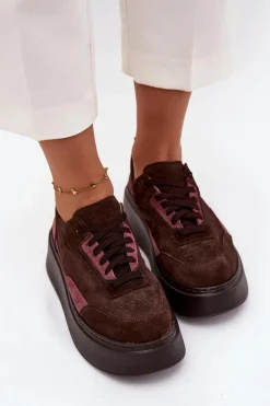 Sneakersy Damskie Z Naturalnego Zamszu Na Platformie Zazoo N1265S3 Czekoladowe