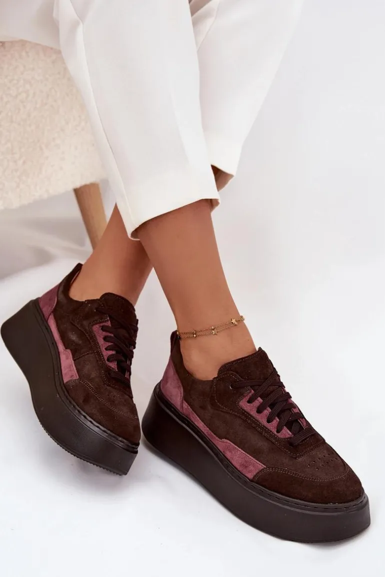 Sneakersy Damskie Z Naturalnego Zamszu Na Platformie Zazoo N1265S3 Czekoladowe