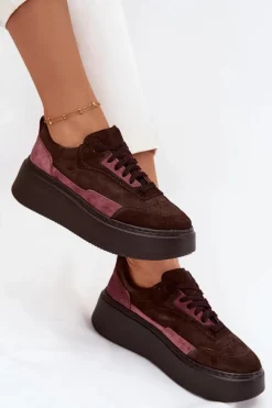 Sneakersy Damskie Z Naturalnego Zamszu Na Platformie Zazoo N1265S3 Czekoladowe