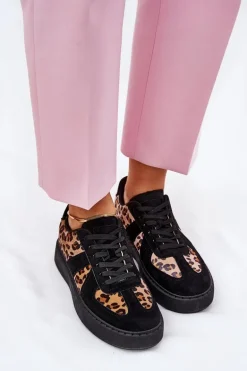 Sneakersy Damskie Z Panterką Na Platformie Czarne Nativira
