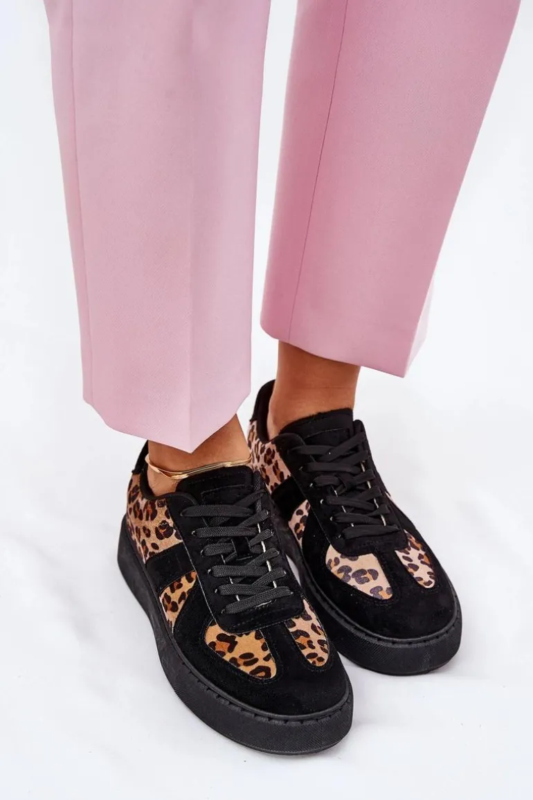 Sneakersy Damskie Z Panterką Na Platformie Czarne Nativira