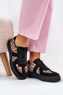 Sneakersy Damskie Z Panterką Na Platformie Czarne Nativira