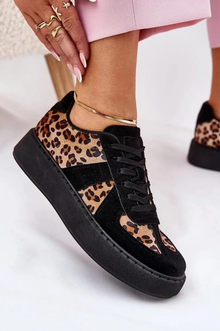 Sneakersy Damskie Z Panterką Na Platformie Czarne Nativira