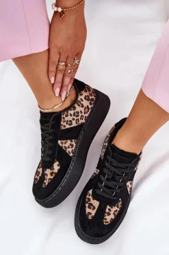 Sneakersy Damskie Z Panterką Na Platformie Czarne Nativira