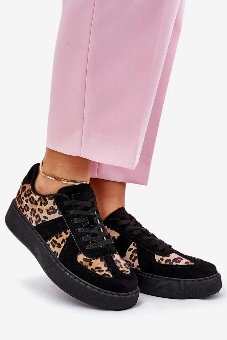 Sneakersy Damskie Z Panterką Na Platformie Czarne Nativira