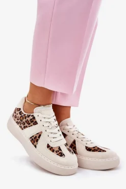 Sneakersy Damskie Z Panterką Na Platformie Beżowe Nativira