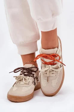 Sneakersy Damskie Z Podwójnym Sznurowaniem Panterka Beżowe Ollabes