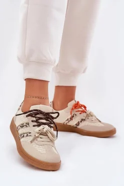 Sneakersy Damskie Z Podwójnym Sznurowaniem Panterka Beżowe Ollabes