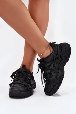 Sneakersy Damskie Z Podwójnym Sznurowaniem Czarne Onivetta