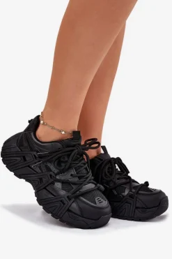 Sneakersy Damskie Z Podwójnym Sznurowaniem Czarne Onivetta