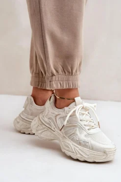 Sneakersy Damskie Z Przetarciami Na Platformie Beżowe Seladwen