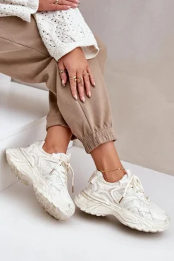 Sneakersy Damskie Z Przetarciami Na Platformie Beżowe Seladwen
