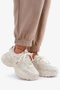 Sneakersy Damskie Z Przetarciami Na Platformie Beżowe Seladwen