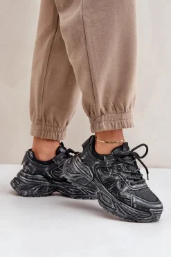 Sneakersy Damskie Z Przetarciami Na Platformie Czarne Seladwen