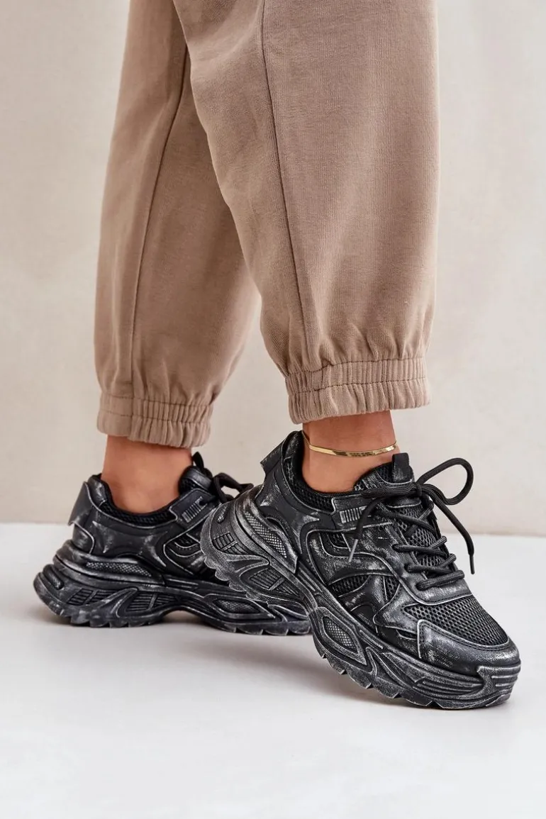 Sneakersy Damskie Z Przetarciami Na Platformie Czarne Seladwen