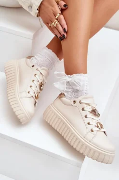 Sneakersy Damskie Z Przypinkami Beżowe Grelesi
