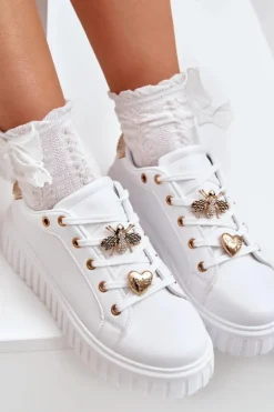 Sneakersy Damskie Z Przypinkami Białe Grelesi