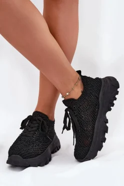Sneakersy Damskie Z Szydełkową Cholewką Czarne Jelhiris