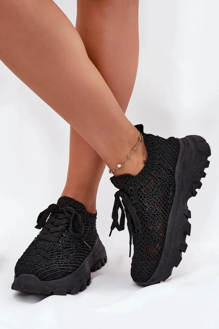 Sneakersy Damskie Z Szydełkową Cholewką Czarne Jelhiris