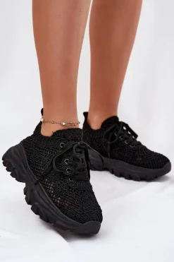 Sneakersy Damskie Z Szydełkową Cholewką Czarne Jelhiris