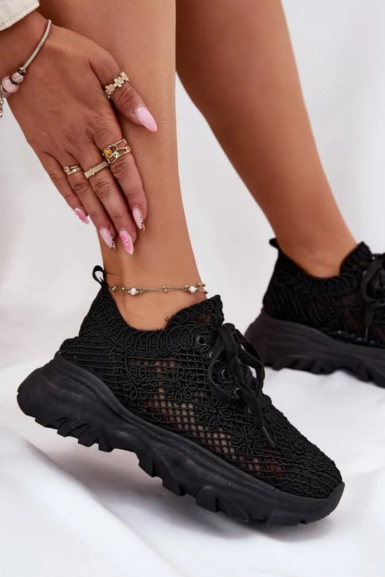 Sneakersy Damskie Z Szydełkową Cholewką Czarne Jelhiris