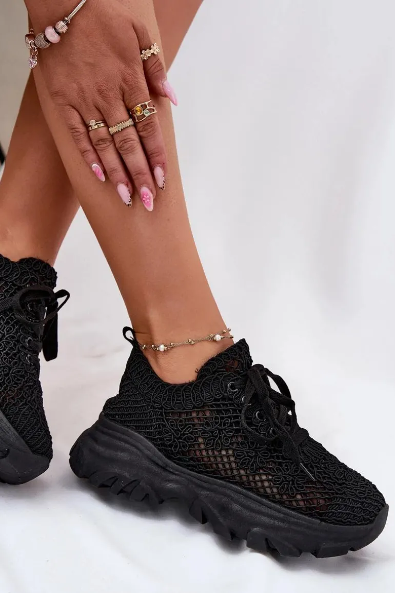 Sneakersy Damskie Z Szydełkową Cholewką Czarne Jelhiris