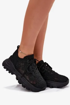 Sneakersy Damskie Z Szydełkową Cholewką Czarne Jelhiris