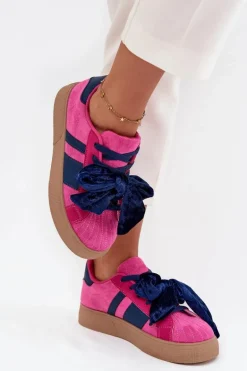 Sneakersy Damskie Z Welurową Kokardą Fuksja Ashlyn