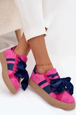 Sneakersy Damskie Z Welurową Kokardą Fuksja Ashlyn