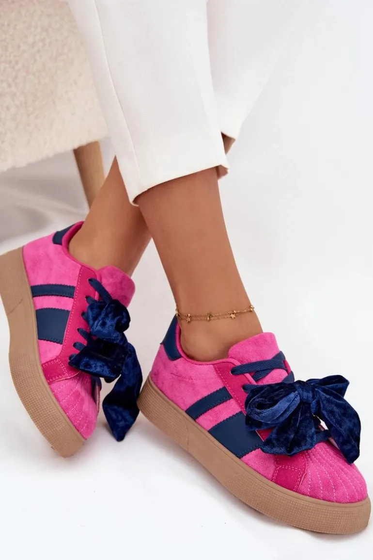 Sneakersy Damskie Z Welurową Kokardą Fuksja Ashlyn