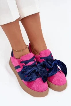Sneakersy Damskie Z Welurową Kokardą Fuksja Ashlyn