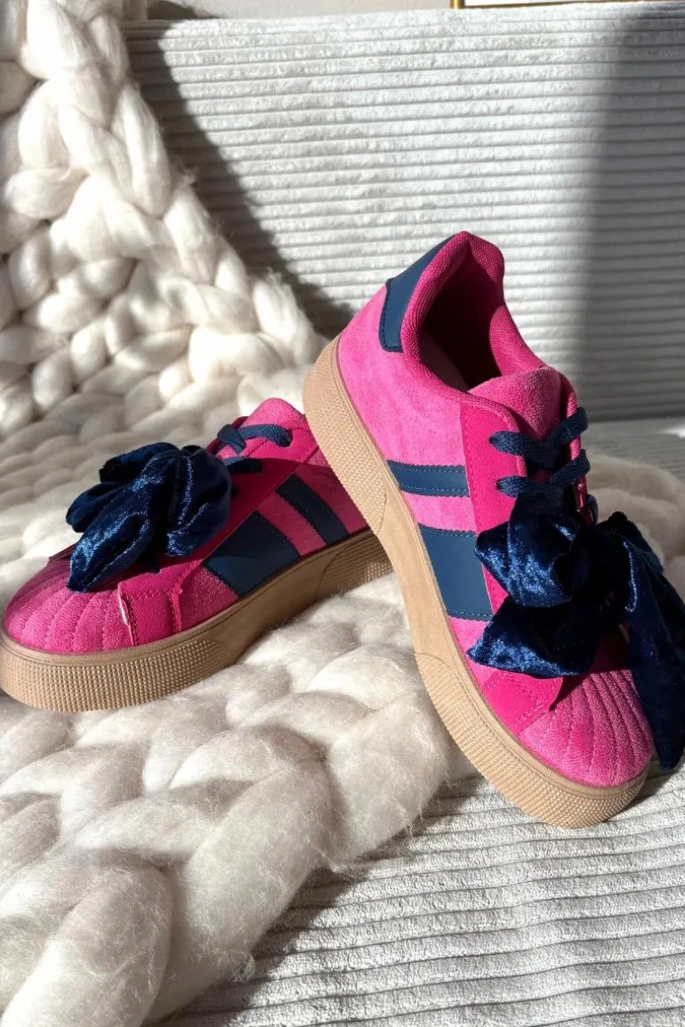 Sneakersy Damskie Z Welurową Kokardą Fuksja Ashlyn