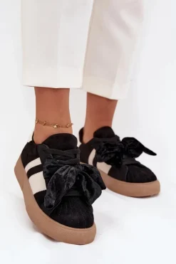 Sneakersy Damskie Z Welurową Kokardą Czarne Ashlyn