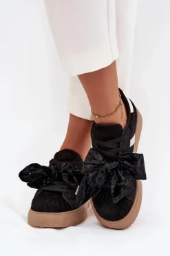 Sneakersy Damskie Z Welurową Kokardą Czarne Ashlyn