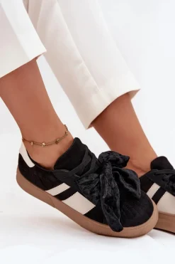 Sneakersy Damskie Z Welurową Kokardą Czarne Ashlyn