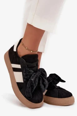 Sneakersy Damskie Z Welurową Kokardą Czarne Ashlyn