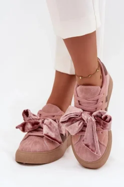 Sneakersy Damskie Z Welurową Kokardą Różowe Ashlyn