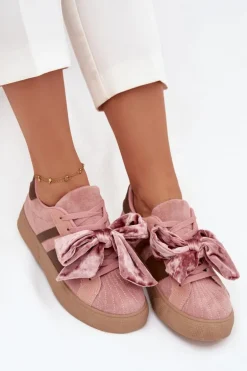 Sneakersy Damskie Z Welurową Kokardą Różowe Ashlyn