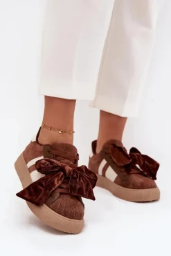 Sneakersy Damskie Z Welurową Kokardą Brązowe Ashlyn