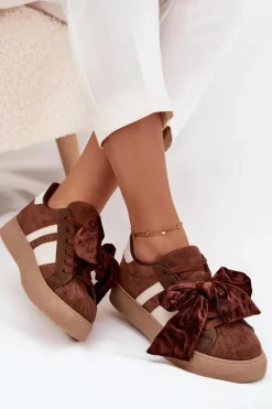 Sneakersy Damskie Z Welurową Kokardą Brązowe Ashlyn